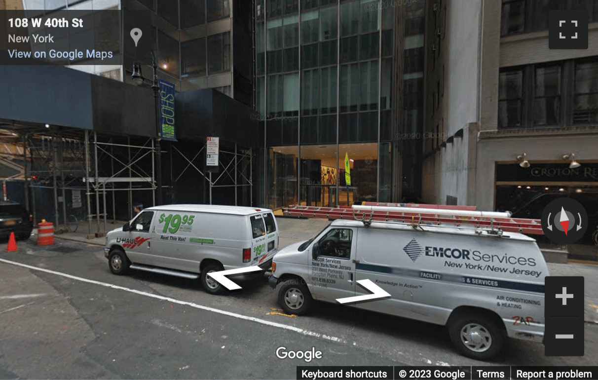 Street View image of 104 West 40th Street, Suites 400 and 500, New York, New York State, USA